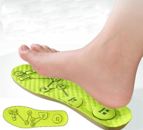 Green acupressure massage insole with printed reflexology pressure zones