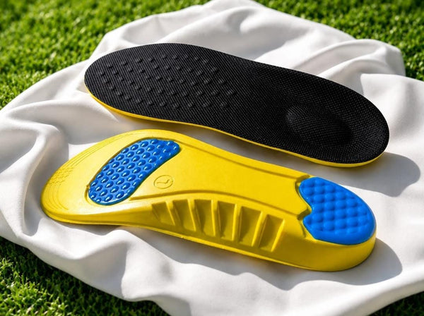 Yellow medicated orthopedic insole with blue gel heel and forefoot pads